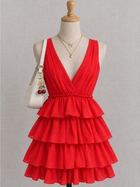 Dynamite Coral Red Tiered V-Neck Ruffle Mini Dress